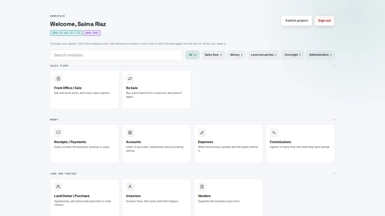 Housing society software workspace in Turner 10, with modules for sales, money, land, oversight and administration