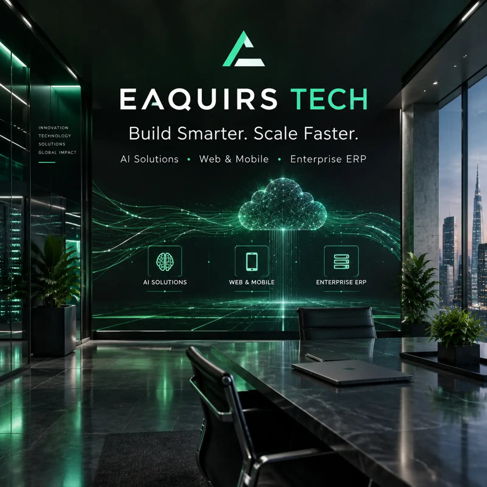 Eaquirs Tech studio with the brand wall reading Build Smarter. Scale Faster.