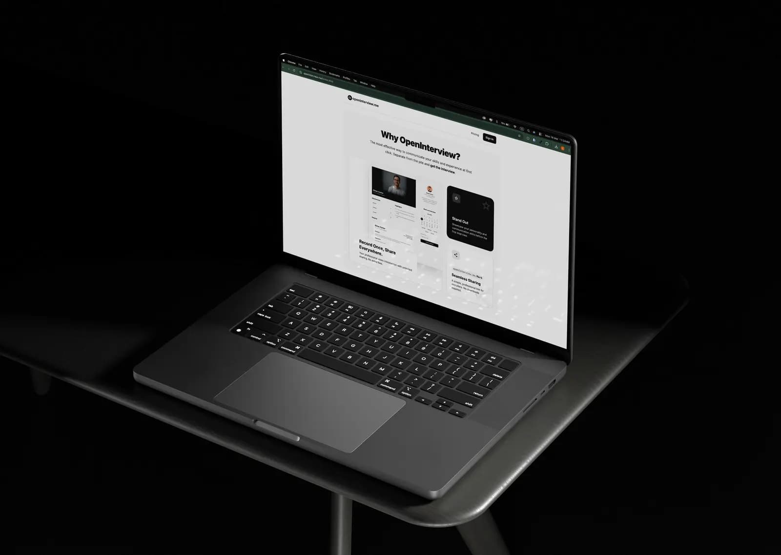 Laptop showing the OpenInterview.me landing page with video profiles and link sharing