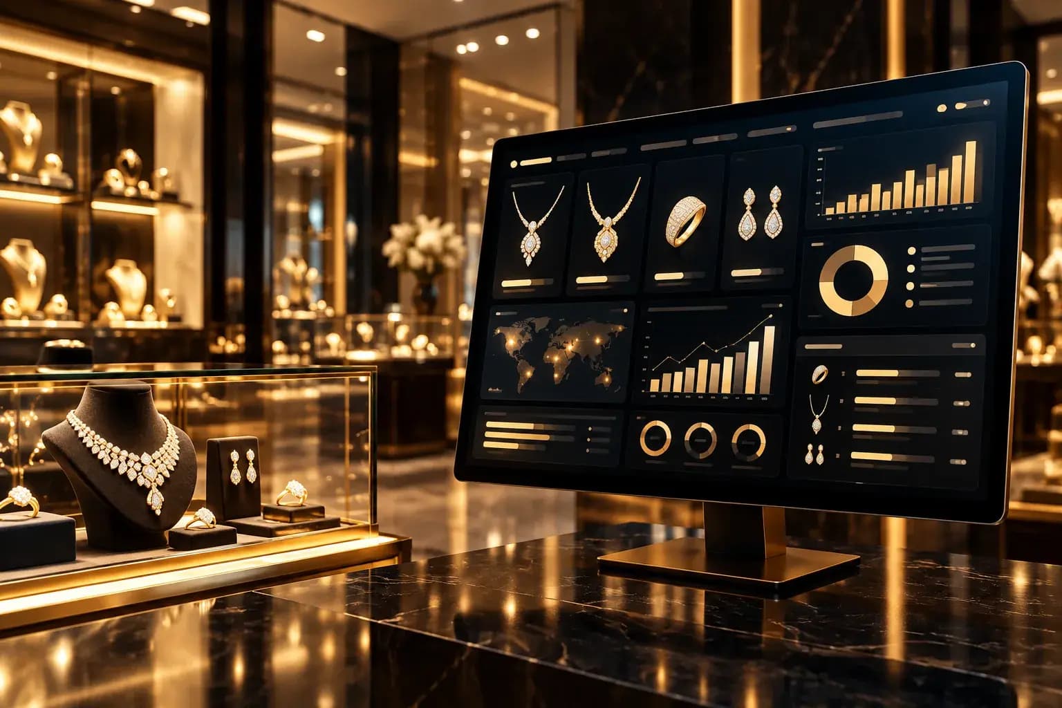 Jewellery showroom with the gold-themed Ophir ERP dashboard showing stock and sales charts